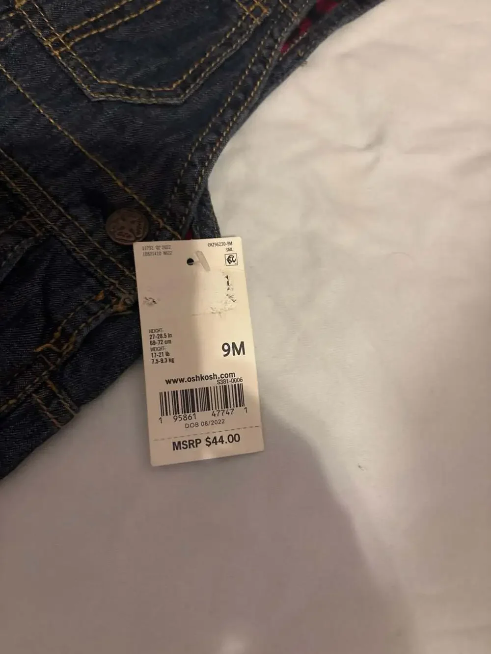 OshKosh B'gosh Flannel-Lined Denim Overalls, Size 9M, NWT